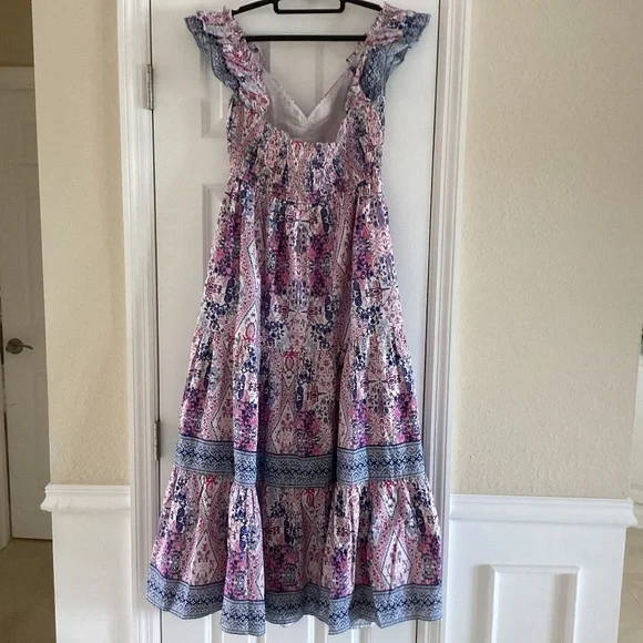 Caroline Constas Tiered Ruffled Cotton Frill Dress Pockets V-Neck Smocked Back - Picture 5 of 16